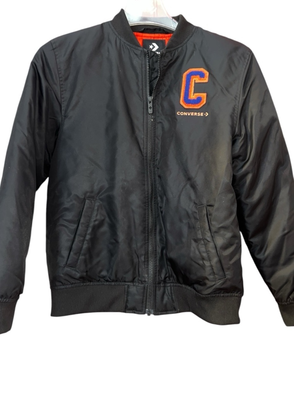 Converse Kids Black Puffer Jacket with Orange & Blue 'C' Patch L